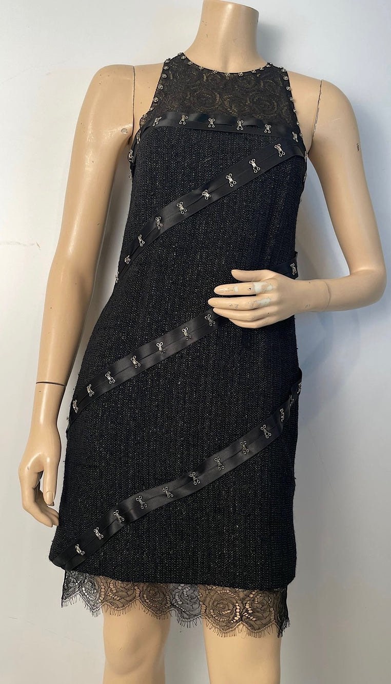 chanel fall/winter 2003 black dress with white collar and cuffs Gorgeous Fall 2003 Chanel by Karl Lagerfeld Black Silk Chiffon Dress S –  Shrimpton Couture main image 1