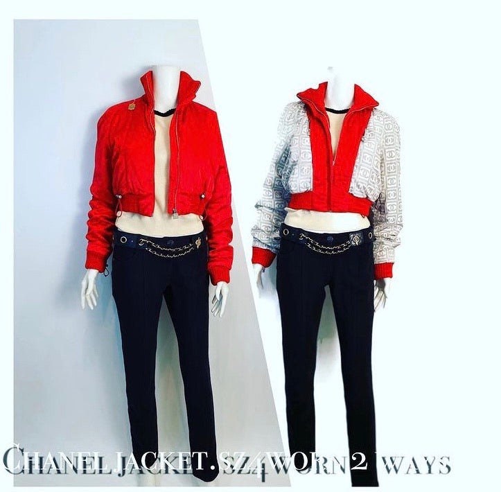 CHANEL Vintage Red Black Belt Tweed Blazer Jacket Zip Dress Set Up 38 40  US6 8