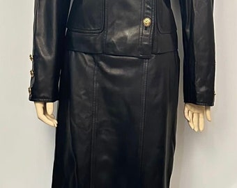 Rare Chanel Vintage 1980/1990 Black Leather Jacket and Skirt Suit FR 42