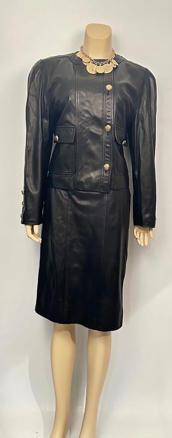 Rare Chanel Vintage 1980/1990 Black Leather Jacket and Skirt Suit