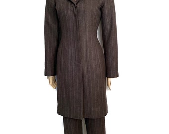 Vintage Chanel Identification 99A, 1999 Fall Gray Brown Pinstripe Pant Suit Set FR 34 US 2