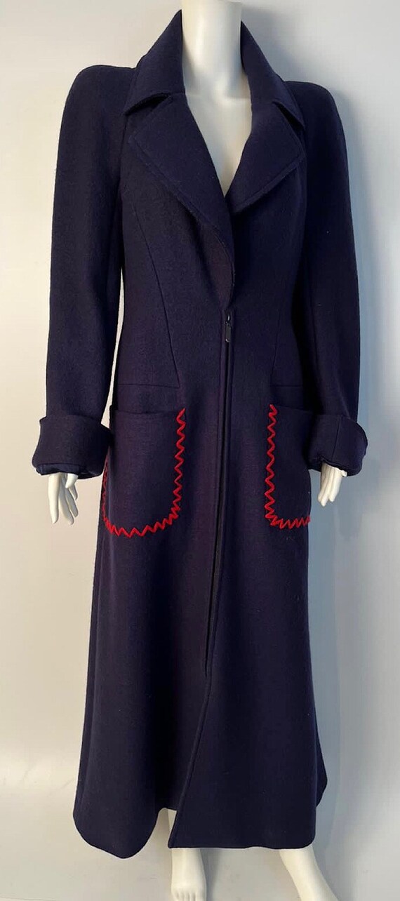 Chanel Vintage 97A 1997 Fall Navy Blue W Red Trim Long Duster Coat