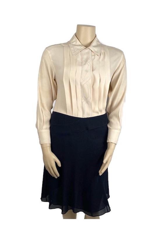 Vintage CHANEL Silk Tuxedo Blouse With Bow and 4-leaf Clover 