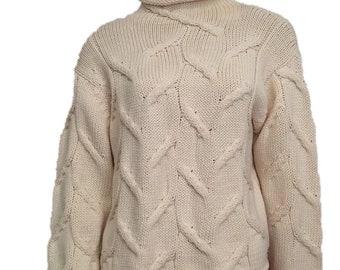 Vintage Chanel 99A, 1999 Fall winter white Ivory Ecru Cable Knit Wool Sweater FR 40 US 6/8