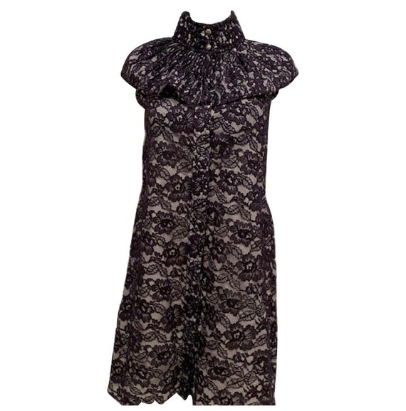 Chanel Navy Blue Cotton Camellia Floral Print Lace Dress FR 42 US