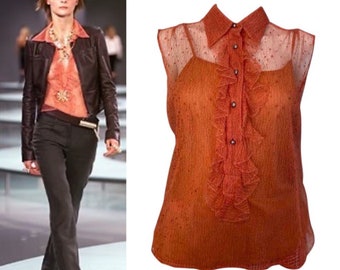 Vintage Chanel 02P, 2002 Spring Orange Top Blouse Camisole 2 piece sheer Lace Set FR 38