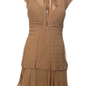Vintage 2002 Chanel 2 piece beige silk chiffon pleated accordion dress set US 6