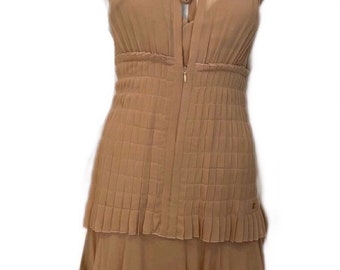 Vintage 2002 Chanel 2 piece beige silk chiffon pleated accordion dress set US 6
