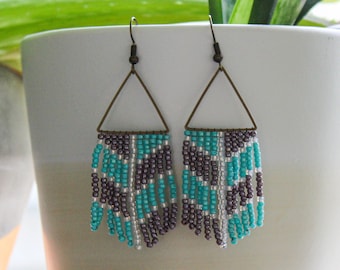 Chevron Beaded Fringe Dangle Triangle Earrings
