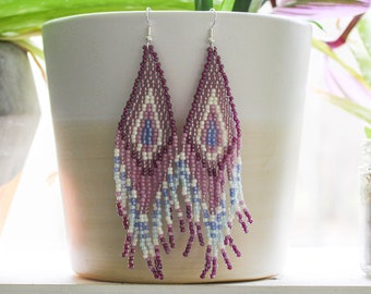 Beaded Diamond Shaped Fringe Dangle Earrings