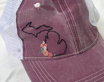 Floral Michigan Hand Embroidered, Baseball Hat, Trucker Style, Mesh Hat