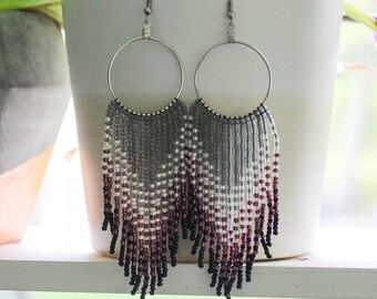 Gray White and Purple Dangle Fringe Drop Earrings