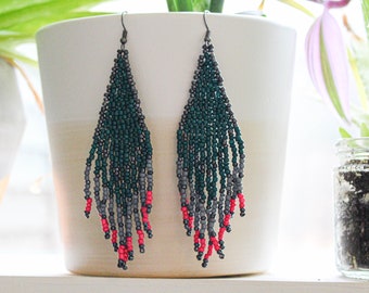 Deep Teal Fringe Beaded Boho Dangle Earrings