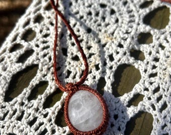 White Quartz Pendant Necklace, Macrame Crystal Necklace, Adjustable Cord Necklace, Boho Minimalist Jewelry, Handmade Gift for Her