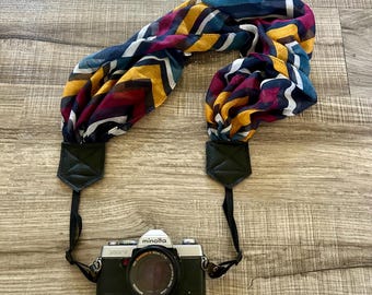 Maroon Yello and Navy ZigZag Soft Upcycled Scarf Adjustable Camera Strap