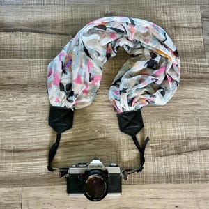 Pink and Blue Floral Splatter Soft Upcycled Scarf Adjustable Camera Strap