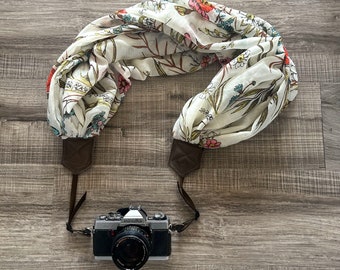 Off White Floral Upcycled Soft Scarf Adjustable Camera Strap