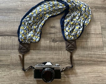 Blue and Yellow Patterned Design Soft Upcycled Scarf Adjustable Camera Strap