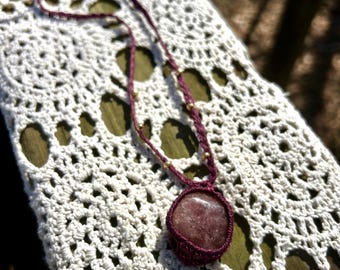 Strawberry Quartz Necklace, Macrame Crystal Pendant, Adjustable Cord Necklace, Pink Boho Jewelry, Handmade Minimalist Gift for Her