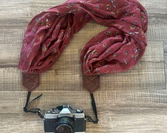 Dark Red with Little Butterflies Soft, Upcycled Scarf Adjustable Camera Strap
