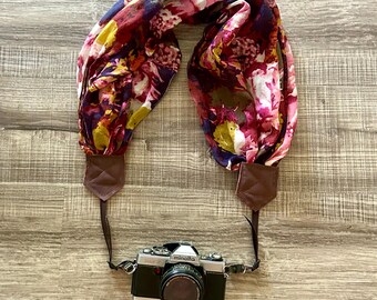 Large Floral Reds and Pink Print Soft Adjustable Scarf Camera Strap