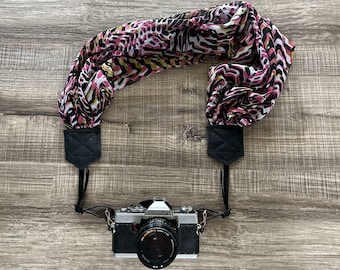 Pink and Black ZigZag Soft upcycled Scarf Adjustable Camera Strap