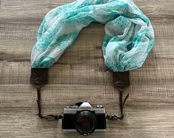 White and Mint with Hidden Skulls Soft Upcycled Scarf Adjustable Camera Strap