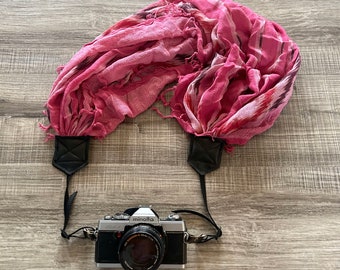 Pink Fringe Soft Upcycled Scarf Adjustable Camera Strap