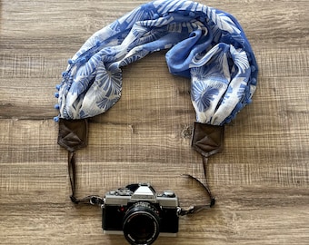 Blue Floral Bursts Soft Upcycled Scarf Adjustable Camera Strap