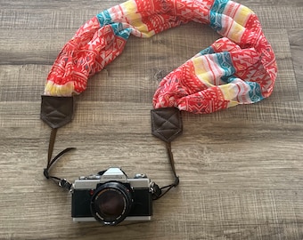 Pink Yellow Blue Patterned Striped Upcycled Soft Scarf Adjustable Camera Strap