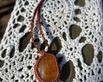 Carnelian Crystal Necklace, Macrame Stone Pendant, Adjustable Cord Necklace, Orange Gemstone Jewelry, Boho Handmade Gift