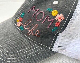 Mom Life Floral Design, Hand Embroidered Trucker Style Faded Black Vintage style Baseball Cap