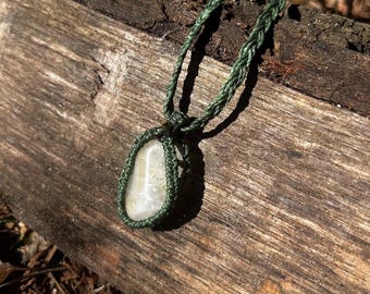 Milky Quartz Pendant Necklace, Macrame Crystal Necklace, Adjustable Green Cord Necklace, Boho Minimalist Jewelry, Handmade Gift for Her