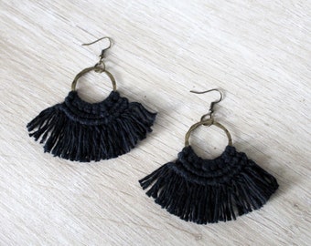 Black Hoop Macrame Earrings