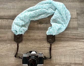 Mint ZigZag Patterned Soft Upcycled Scarf Adjustable Camera Strap