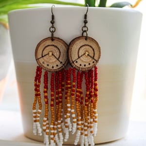 Wooden Circle Dangle Beaded Earring Boho Style Mountain Burned Design