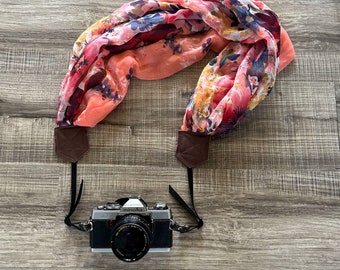 Coral Floral Soft Upcycled Scarf Adjustable Camera Strap