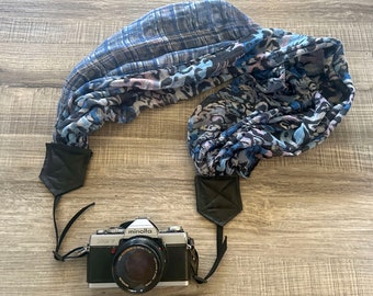 Blue Shades of Animal Print and Plaid Soft Adjustable Scarf Camera Strap