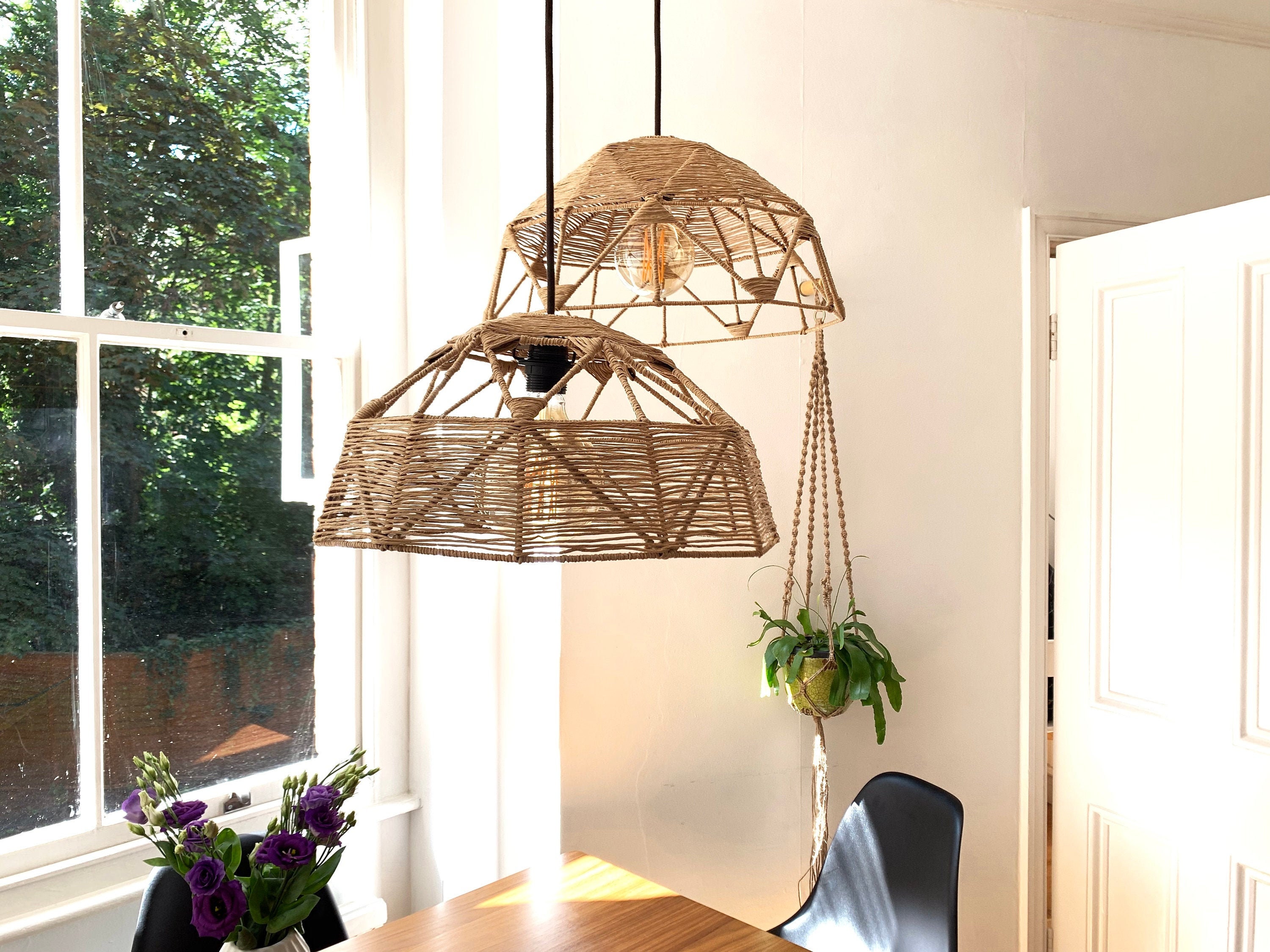 Abat-Jour en Osier Papier/Pendentif Scandinave Boho Lampe Suspendue Ombre de Lampe H 8 X W 17 D Vigo