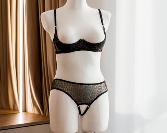 Open crotched leopard lingerie, Open cupless bra for large breast, Open lingeries, Quarter cup lingerie, Shelf bra quarter cup small breast