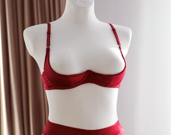 Satin Quarter Cup Bra, Open Nipple Lingerie, Underwire Support