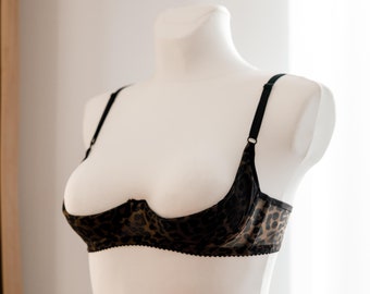 Open Shelf Cup Bra, Mesh Quarter Cup Lingerie, Leopard Print