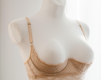 Beige Lace Shelf bra Cupless: 1/4 Half Cup Bra with Support, Open Crotched Lingerie