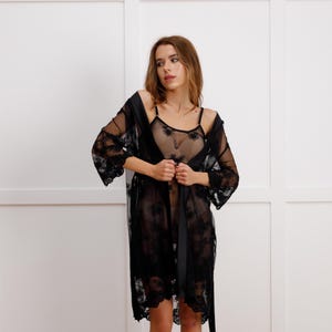 See through night dress and sheer robe, Sheer nightgown, See through night dress kimono sheer robe