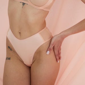 May include: Peach-colored lingerie set featuring a bra and high-waisted briefs. The briefs have a mesh panel on the sides and delicate scalloped edges. The overall design is soft and feminine, with a focus on comfort and style.
