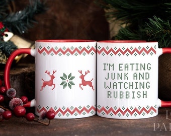 Home Alone Mug Eating Junk & Watching Rubbish, Two Tone Funny Christmas Movie Mug Gift Exchange Winter Cozy Sweater Holiday Coffee Cup Kevin