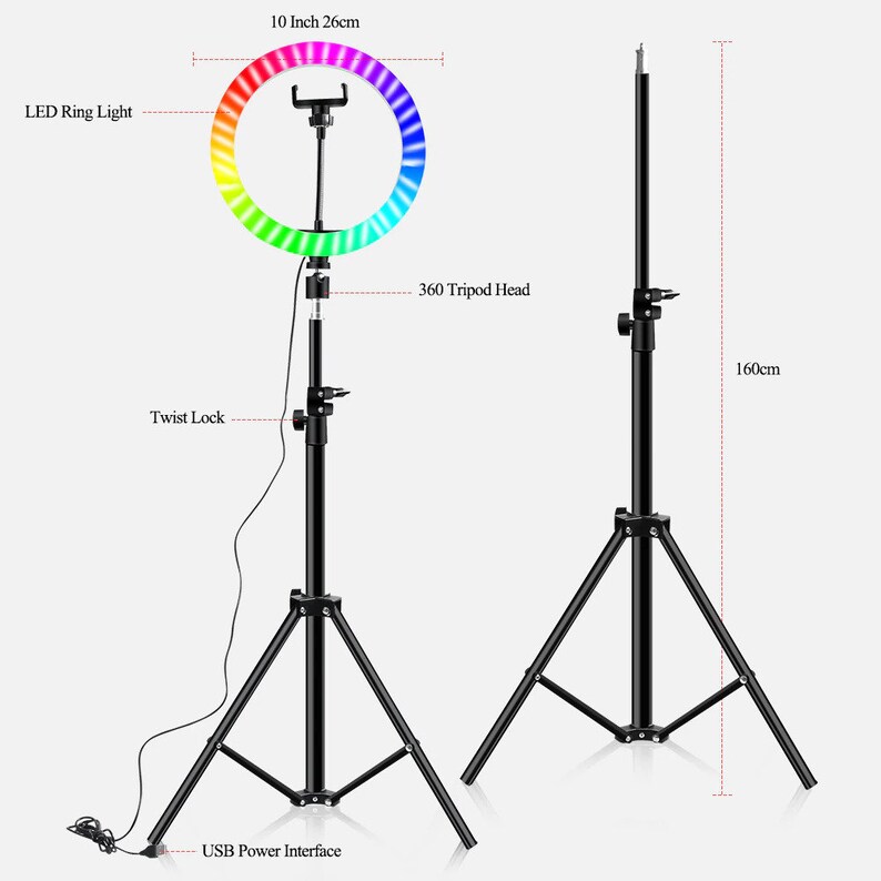 Colorful LED Ring Light 10 Inch 160CM Stand Rainbow Ringlight USB With Phone Stand 16 Light Colors For Live Broadcast Photo