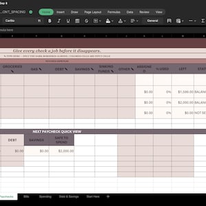 May include: A digital budget spreadsheet template with a mauve and white color scheme. The header reads Give every check a job before it disappears. Columns include Bills, Groceries, Gas, Debt, Savings, Sinking Funds, Other, Assigned, % Used, Left, and Status.