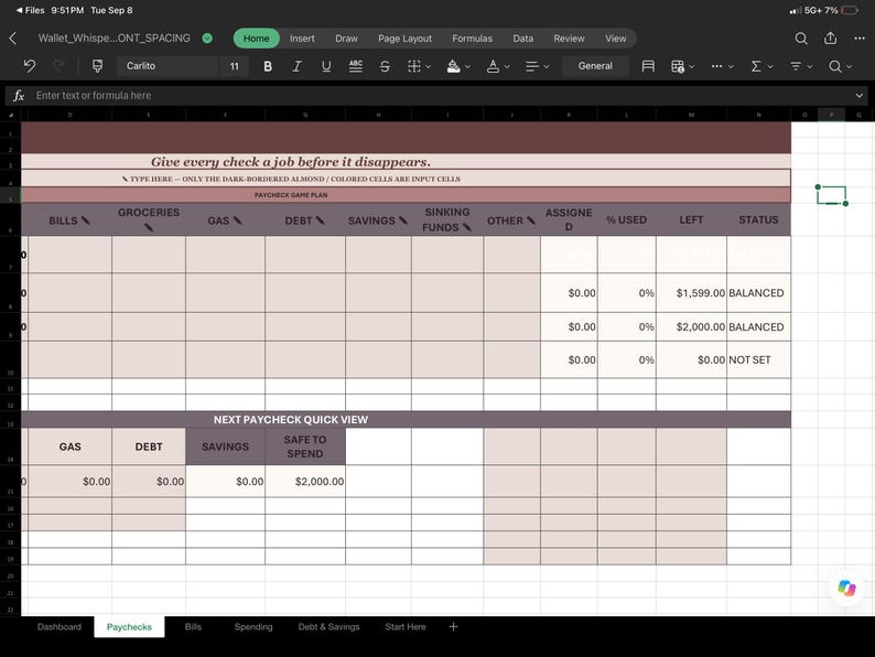 May include: A digital budget spreadsheet template with a mauve and white color scheme. The header reads Give every check a job before it disappears. Columns include Bills, Groceries, Gas, Debt, Savings, Sinking Funds, Other, Assigned, % Used, Left, and Status.