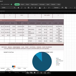 May include: A digital budget spreadsheet displayed on a screen, featuring a Paycheck Snapshot table, a This Month at a Glance summary, and a Safe to Spend formula. Below are a Budget vs Actual bar chart and a Where Your Money Goes pie chart.